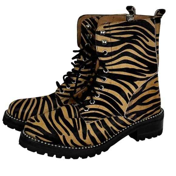 Aqua Tiger Print Jax Studded Hiker Combat Boots Lace Up Calf Hair Boho Gypsy 9.5 - Picture 2 of 7